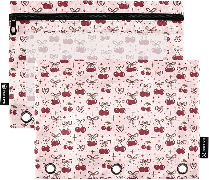 Pink Bow Cherry Polka Dots Pencil Pouch for 3 Ring Binder 2 Pack Zipper Binder Pencil Bag Case with Clear Window Office Supplies