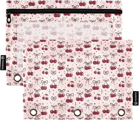 Pink Bow Cherry Polka Dots Pencil Pouch for 3 Ring Binder 2 Pack Zipper Binder Pencil Bag Case with Clear Window Office Supplies