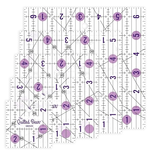 The Quilted Bear Small Quilting Ruler Bundle, 2.5", 3.5", 4.5", 5.5" & 6.5" | 5 Square-Ruler Assortment, Transparent Acrylic, Non Slip, Clear Black Lines, 30, 45 & 60 Degree Angles, for Patchwork, Sewing