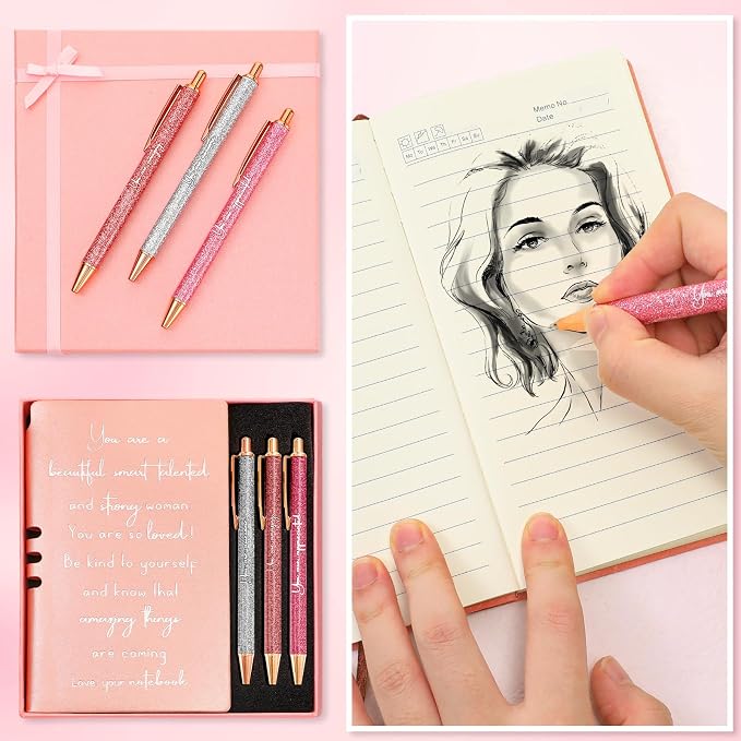 Resurhang 5 Pcs Inspirational Journal for Women Employee Appreciation Gift A6 Leather Journal Glitter Ballpoint Pen with Box for Back to School Teacher Coworker Female Secretary Nurse(Rose Gold)