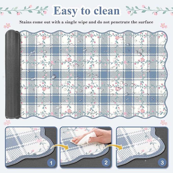 iCasso Leather Scalloped Checkered Mouse Pads for Desk, Aesthetic Floral Computer Mat, Back to School XXL Desk Mat for Keyboard and Mouse, Mousepad with Stitched Edges, Keyboard Pad(Light Blue)