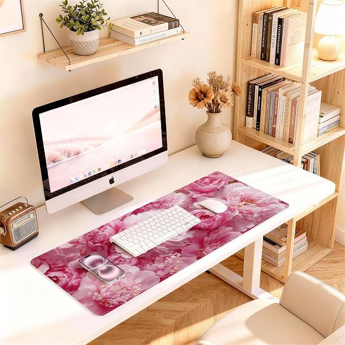 Desk Mat, 31.5 x 15.7 in, Pink Peony Floral PU Leather | Keyboard and Mouse Pad, Non-Slip Base, Waterproof, Easy Clean, Office Gaming Computer Protector