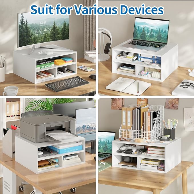 ALISENED Printer Stand for Desk, 2-Tier Wooden Desk Organizer with Adjustable Compartments, Heavy Duty Desktop Stand for Printer Scanner Monitor, Space Saving Office Organization and Storage, White