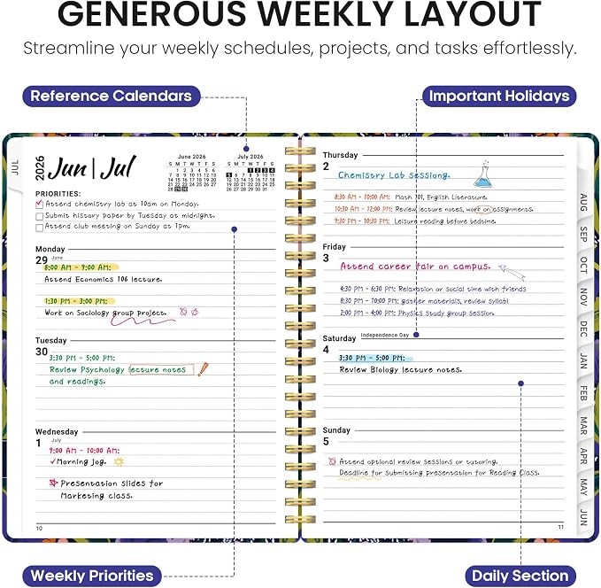 Planner 2026-2027, Academic Year Monthly and Weekly Calendar Planner, Jul 2026 - Jun 2027, Hardcover Teacher Student Planning Agenda book with Tabs, Perfect for School Office Supplies, 6.3" x 8.5" - Petal Rhythm