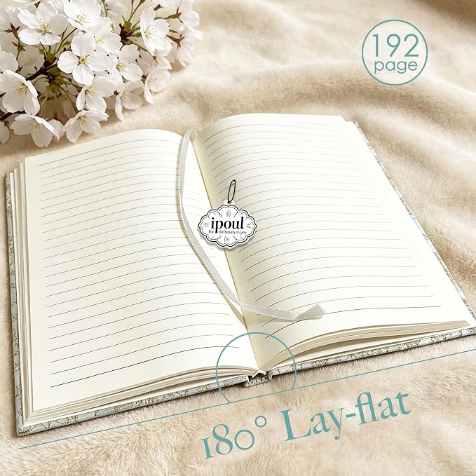 Blue Notebook, Beautiful Writing Journal for Women, A5, Hardcover, Lay Flat, Ruled Paper, Cherry Blossom Flowers, Cyan