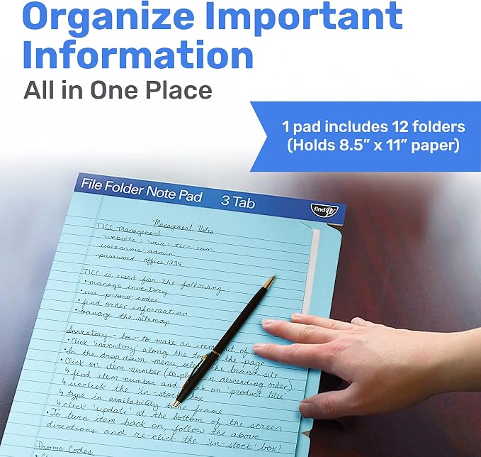 Find It File Folder Notepad - Pack of 12-9.5 x 12.5 Inch Notebook Organizer Folders for Filing, Document, and Clipboard Organization - Blue | Wide-ruled clipboard-style pages, tear-out perforated sheets, great for office, home, and school filing organi...