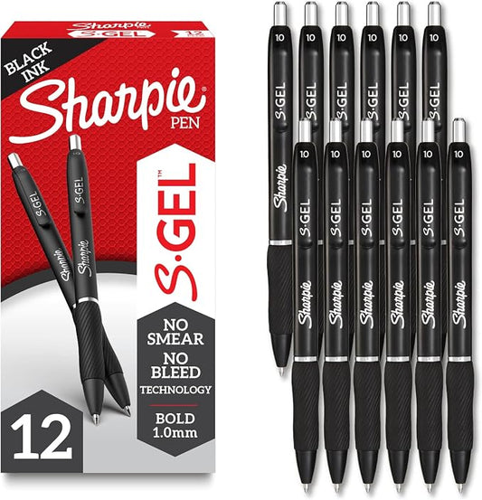 Sharpie S-Gel Pens, Bold Point (1.0mm), Black Gel Ink, 12 Count - Writing, Journaling, Note-Taking, College, Teacher Supplies, Office (Pack of 12)