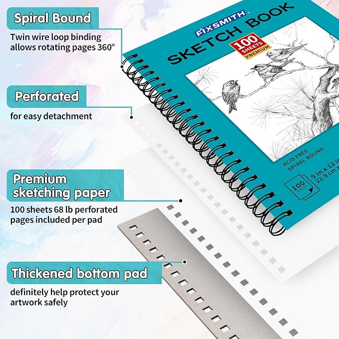 FIXSMITH 9"X12" Teal Sketch Book, 400 Sheets (68 lb/100gsm) Spiral Sketchbook, Acid Free Drawing Paper, Sketch Pad for Beginners,Artists & Professionals, Bright White