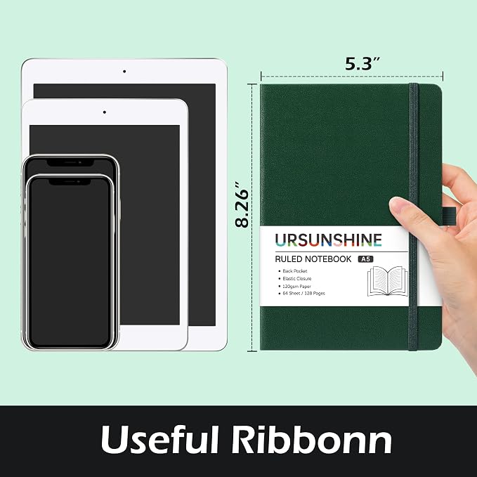 Ruled Notebook/Journal - Classic Lined Journal/Notebook, 5.3'' x 8.26'', Hardcover with Thick Paper, Banded + Pen Holder +Inner Pocket - Turquoise