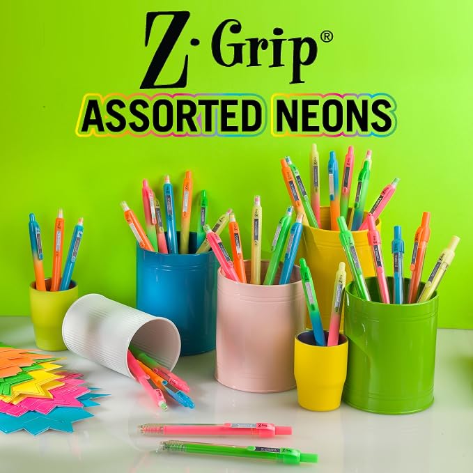 Zebra Pen Z-Grip Retractable Ballpoint Pen, Smooth-Flowing Black Ink, 1.0mm Medium Point, Assorted Ombre Neon Barrels, Teacher, School & Office Supplies, Ideal for Note-Taking, 18-Pack (23018AMZ)