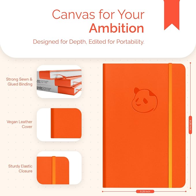 Panda Planner Classic A5 Undated Daily Planner 2026-2027, 8.25x5.75 Orange | Hourly schedule, to do list, habit tracker, gratitude journal, quarterly layout, 100 GSM paper