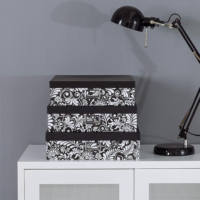 Soul & Lane - Black and White Floral Storage Boxes with Lids, Set of 3 | Decorative Cardboard Paper Box Set for Documents, Photos, Memories and Keepsakes, Large Pretty Nesting Letter Organizers