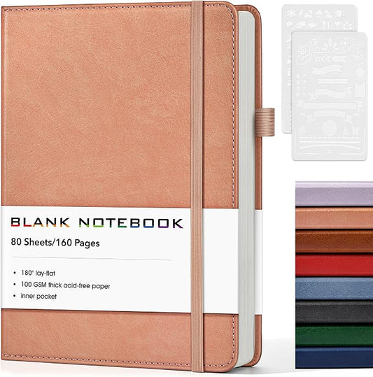 Journal Notebook, A5 Leather Hardcover Blank Sketchbook, 160 Pages, 180° Lay-Flat Binding, 100 GSM Thick Paper, for Sketching, Drawing, Art Journaling & Creative Writing (Pink)