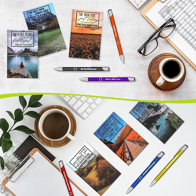 Geyee 24 Pcs Mini Motivational Pens Inspirational Notepads Bulk Appreciation Gifts Small Journals Funny Ballpoint Pen Set Prizes Men Women Office Travel Party Favors(Scenery)