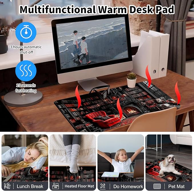 Heated Desk Pad Mouse Pad,Heated Desk Mat,with 3 Heating Levels & 3 Hours Auto Shut-Off,Leather 23.6"*14.2" Gaming Mouse Laptop Mat,Foot Warmer,Retro Bookshelf Red