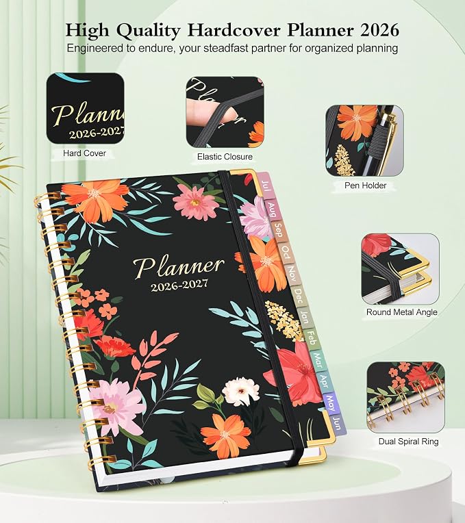Academic Planner 2026-2027, Hardcover Weekly and Monthly Calendar Planner from July 2026 - June 2027, Daily Agenda Planners with Tabs, College School Organizer for Student Teacher, A4 (8.5" x 11"), Blooming Wildly