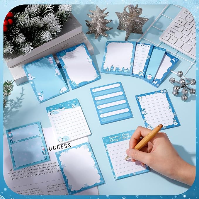 Chiisong 12 Pcs Christmas Sticky Notes Christmas Design Self Adhesive Note Pads Winter Snowflake Sticky Memo Blue Cartoon Snowman Penguin Notepad for Xmas Gift Office Home Supplies Present