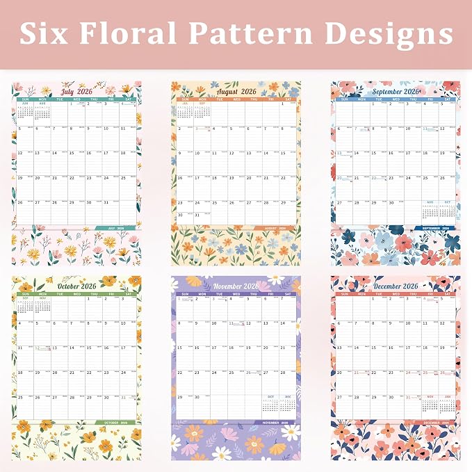 Ospelelf Wall Calendar 2026-2027 with Storage Pockets, 17" X 12" Monthly Large Planner Pad with Protective Cover and Stickers, for Family Fridge Office Teacher Student, Use July 2026 to December 2027 Ditsy Floral