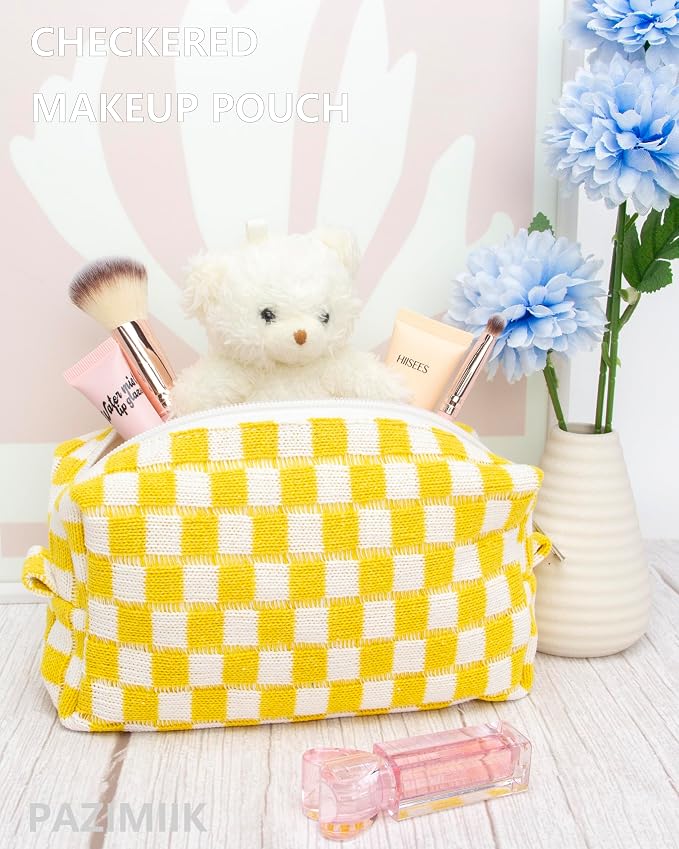 PAZIMIIK Checkered Makeup Bag for Purse, Small Travel Cosmetic Pouch,Yellow | Cute Zipper Makeup Organizer for Women, Travel Essentials, Toiletries, Makeup Brushes, Beauty Accessories&Bridesmaid Gifts