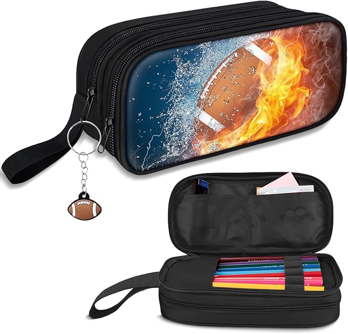 TILYTADLY Large Pencil Case for Boys - American Football Boys Pencil Pouch with Zipper Compartments - Big Capacity Pen Box Pen Bag Organizer with Keychain for Kids Teens School