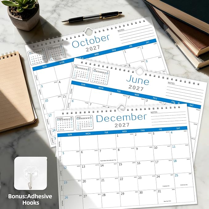 MZD8391 Calendar 2026-2027, 18 Months Wall Calendar From July 2026 To December 2027 with Julian Dates, 14" x 11" Thick Paper with Black Blocks For New Year (Blue)