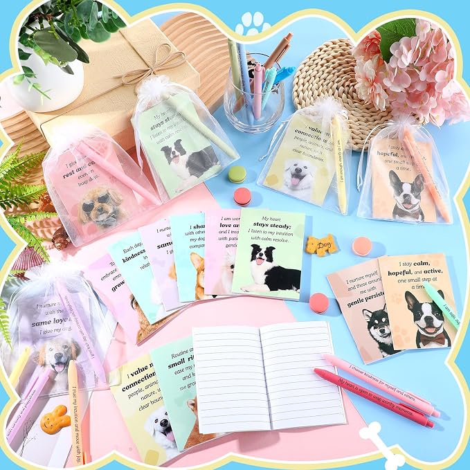Mooliwe 48 Pcs Positive Affirmation Gift Set Gratitude Notebooks with Pens Small Bags Motivational Encouragement Notepads Daily Affirmations Journal for Women Stress Relief Self Care (Dog)