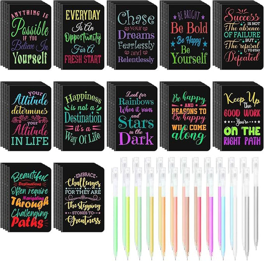 48 Pcs Mini Inspirational Notebooks Bulk with 48 Colorful Pens， 3.5"x5.5" | Small Pocket Journal Notepads Set, Motivational Bulk Gifts for Women Men Teacher Students Kids, End of School Year Gift Bulk
