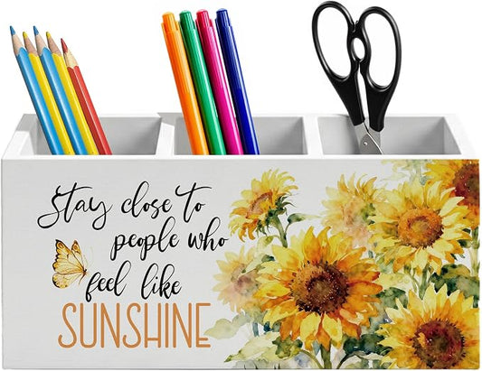 Inspirational Sunflower Pen Holder for Home Office Desk, Stay Close to People Who Feel Like Sunshine Motivational Wooden Box Sign Pencil Holder for Desk Shelf Organizer