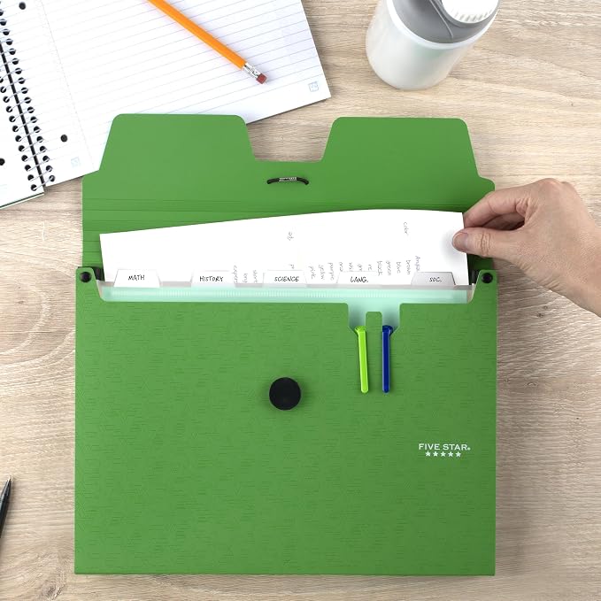 Five Star Expanding File Organizer, 6-Pocket Accordian File Organizer, Bungee Closure, Holds 8-1/2" x 11" Paper, Forest Green (350100D-ECM)