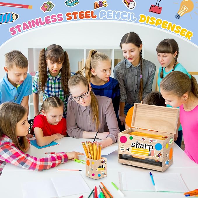 Mifoci 8 Pcs Wooden Pencil Dispenser Kit for Classroom Wooden Pen Holder Straw Dispenser Sharp and Dull Letter Stickers for Teachers Classroom Supplies Storage (Wood)