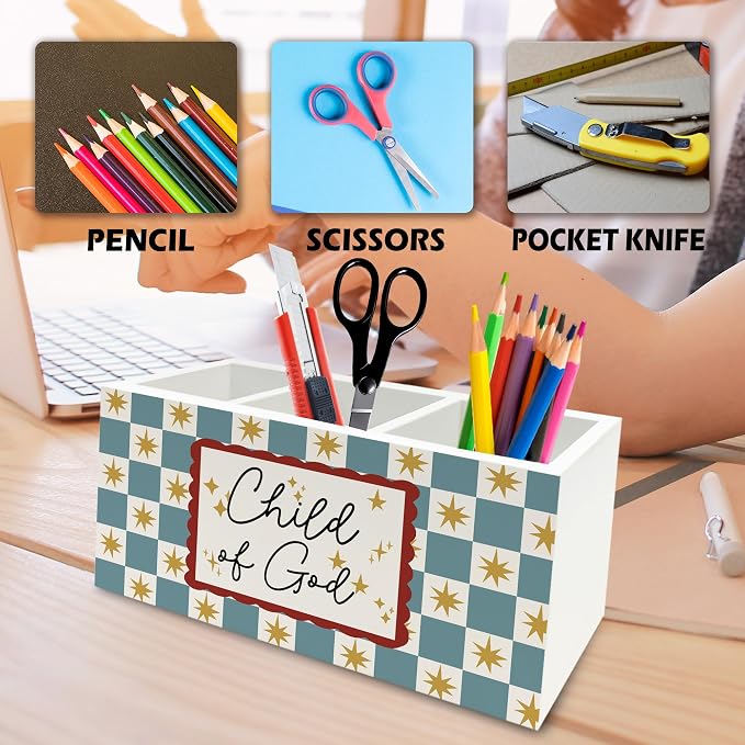 Christian Kids Pen Pencil Holder Organizer for Desk, Retro Blue Checkered Bible Verse Wooden Box Signs Decorations for Boys Girls Room Bedroom Desk Tabletop, Christian Gifts for Kids
