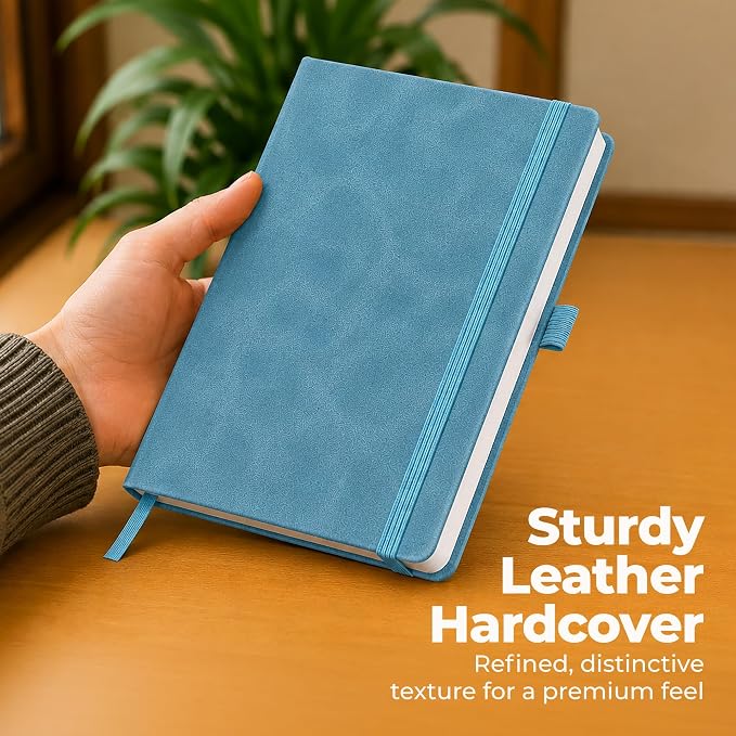 A5 Leather Notebook Journal Light Blue Lined Thick 300 Pages 5.8x8.3" | Leather journal for men & women, journal notebook, journals for writing. Premium mens notebook for work and travel.