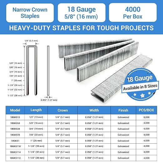 meite 18 Gauge 1/4-Inch Narrow Crown Staples, 5/8-Inch Length Heavy Duty Galvanized Upholstery Staples for Electric or Pneumatic Narrow Crown Staple Guns (4,000 PCS)