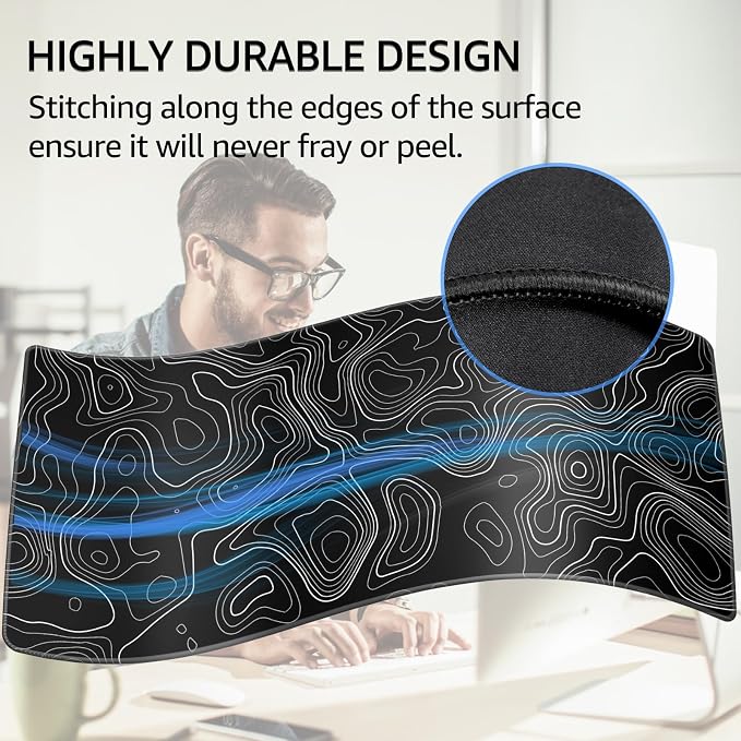 KTRIO Large Gaming Mouse Pad, 31.5 x 15.7 in, Black Topographic, XXL | Smooth Micro-Weave Surface, Artistic Pattern Design, Non-Slip Rubber Base, Durable Stitched Edges, Office & Home Use