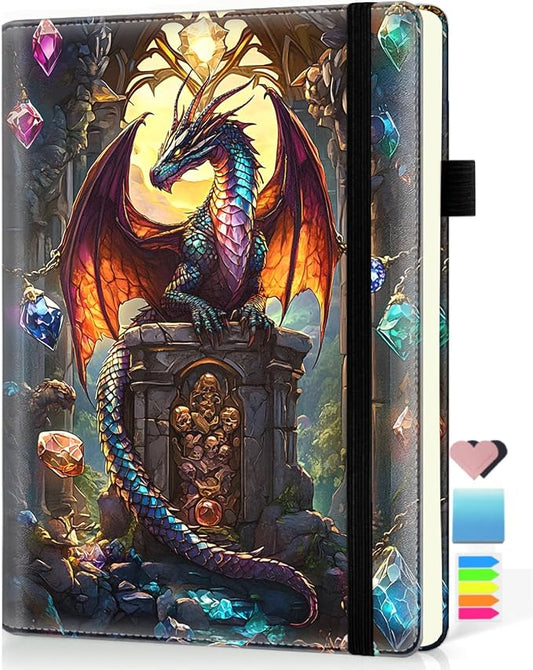Hardcover Executive Notebooks, A5 PU Leather Lined Journal Notebook, 200 Pages Thick Paper Subject Notebooks for School,Work,Home Writing Business Notebook, Diary Book, Dragon and Gemstone