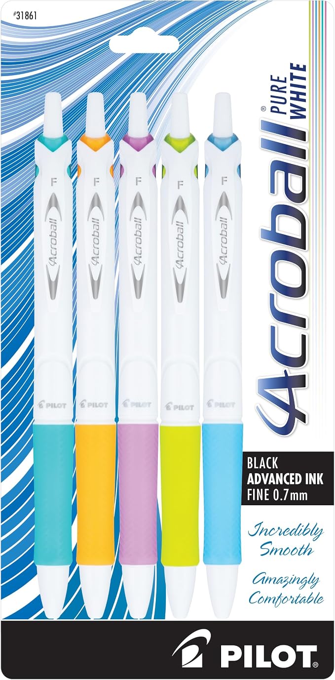 Pilot Acroball PureWhite Advanced Ink Refillable & Retractable Ball Point Pens with Assorted Accents, Fine Point, Ballpoint Pens, Black Ink, 0.7mm, 5-Pack