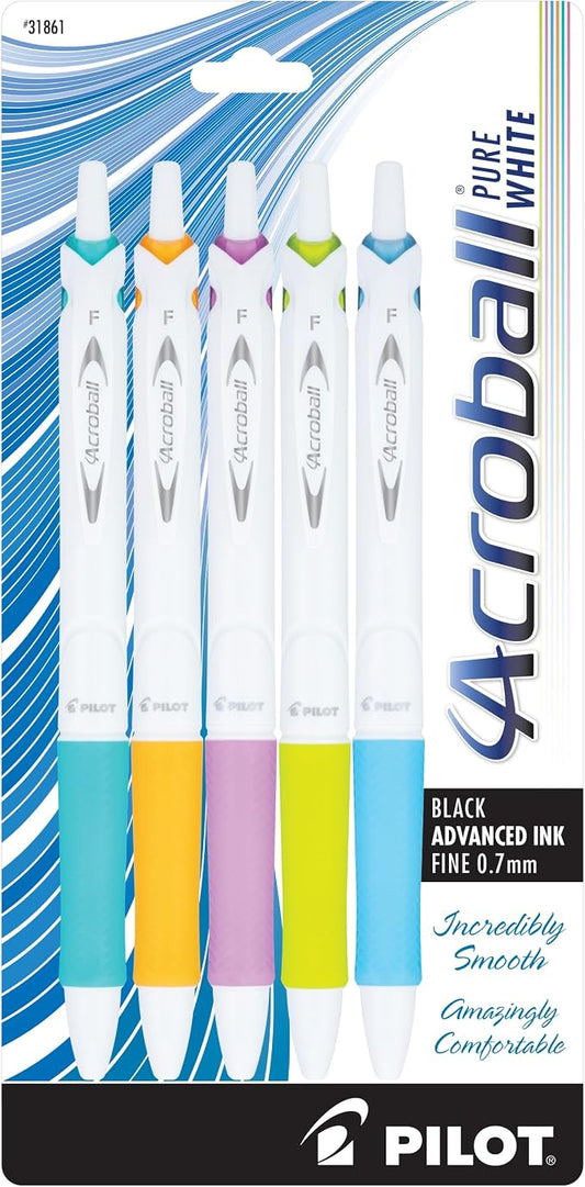 Pilot Acroball PureWhite Advanced Ink Refillable & Retractable Ball Point Pens with Assorted Accents, Fine Point, Ballpoint Pens, Black Ink, 0.7mm, 5-Pack