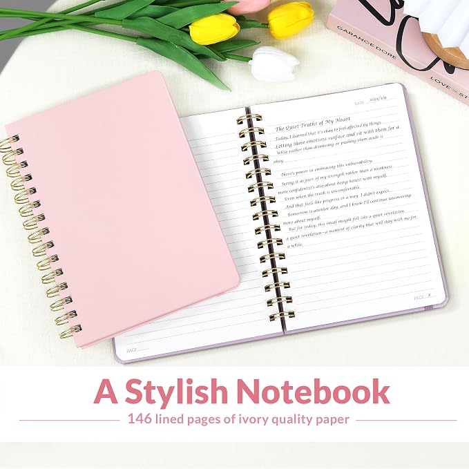 SUNEE Lined Spiral Journal Notebook for Women, 146 Pages College Ruled Hardcover Journaling Notebook for Work, Note Taking and Office School Supplies, A5 - Pink