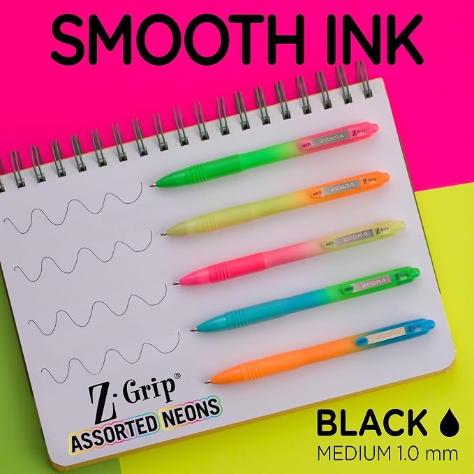 Zebra Pen Z-Grip Retractable Ballpoint Pen, Smooth-Flowing Black Ink, 1.0mm Medium Point, Assorted Ombre Neon Barrels, Teacher, School & Office Supplies, Ideal for Note-Taking, 18-Pack (23018AMZ)