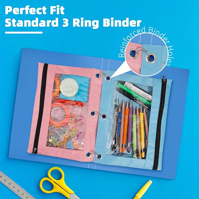 Pencil Pouch for 3 Ring Binder, 24 Pack Pencil Bags with Zipper, Large Capacity Pencil Case for Binder Assorted Color Pencil Case Pouch with Clear Window and Grommets Pencil Pocket for Office Supplies