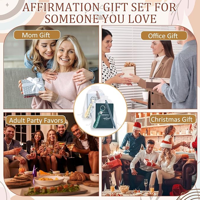Mooliwe 24 Set Positive Affirmation Gift Set Gratitude Notebooks with Pens Keychains Small Bags Motivational Party Favors for Adult Women Coworkers Employee Group (Fresh)