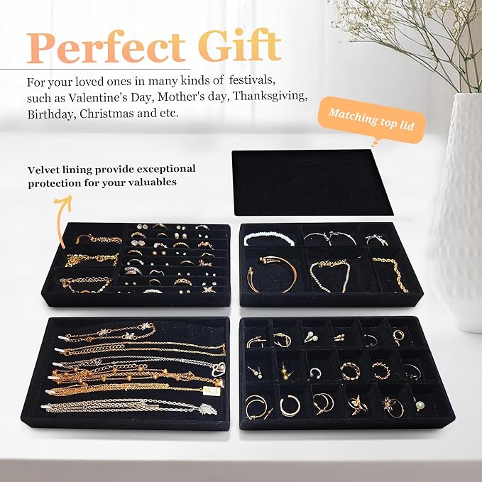 Velvet Jewelry Organizers and Storage Tray – 5 PC Protect and Display Your Jewelry with Style – Stackable, Durable, and Ideal for Drawers and Vanity Tables