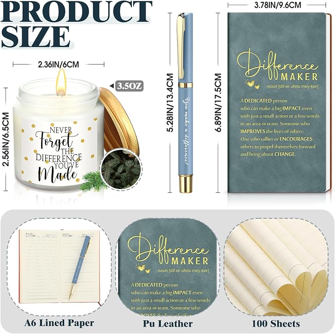 4 Pcs Difference Maker Gift Set Mug Notebook Candle Pen,Dark Blue,Word