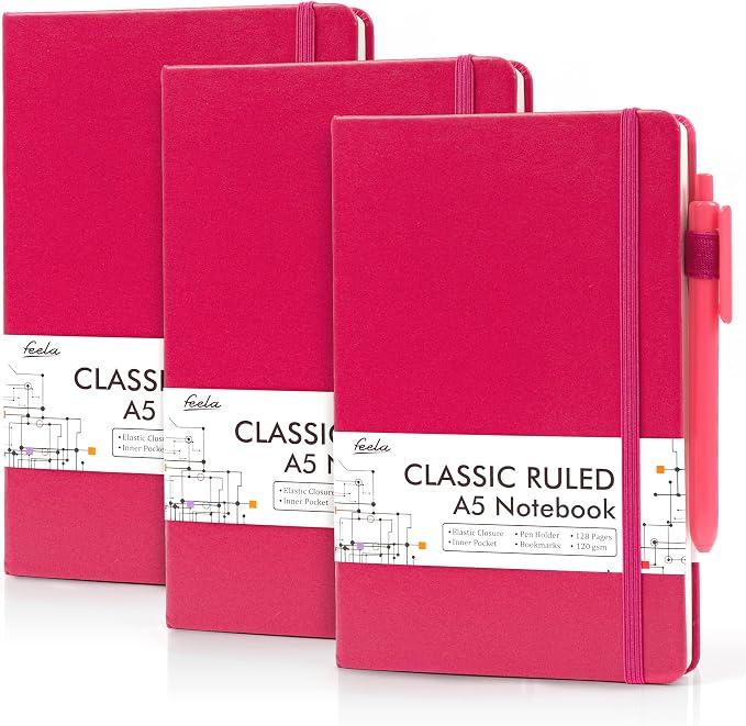 feela 3 Pack Notebooks Journals Bulk, Hardcover Notebook Classic Ruled Lined Journals with Pen Holder for Women Girls School Business Supplies, with 3 Black Pens, 120 GSM, 5.1”x8.3”, A5, Berry