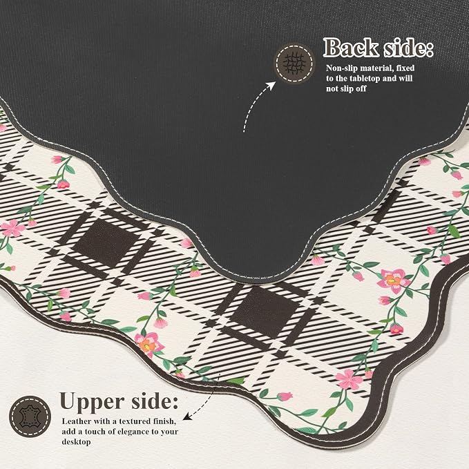 iCasso Retro Flowers Mouse Pad, XXL Large Leather Mouse Pad,Back to School Desk Matt for Desktop Protector, Anti-Slip Mousepad with Scalloped Stitched Edges for Laptop Computer Keyboard(Black)