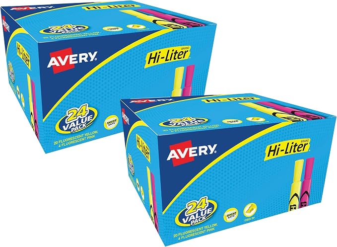 Avery Hi-Liter, Desk Style, Chisel Tip, 24 Pink and Yellow Highlighters, 2-Pack, 48 Total (31448)