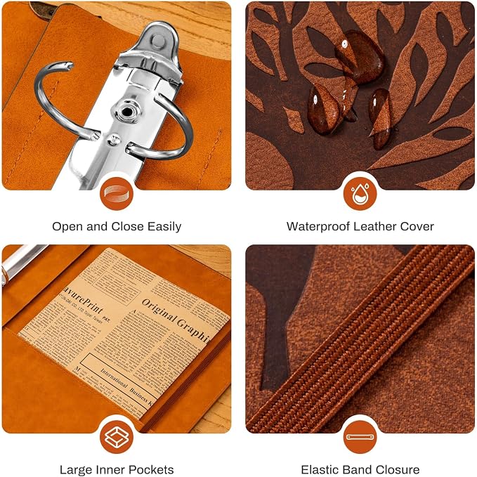 Ovesmusl PU Leather 3 Ring Binder Fits 8.5"x11" Letter Size Paper, 2 Inch Round Ring Binder Holds 500 Sheets, Notepad Paper Cover Loose Leaf Organizer, Brown Tree