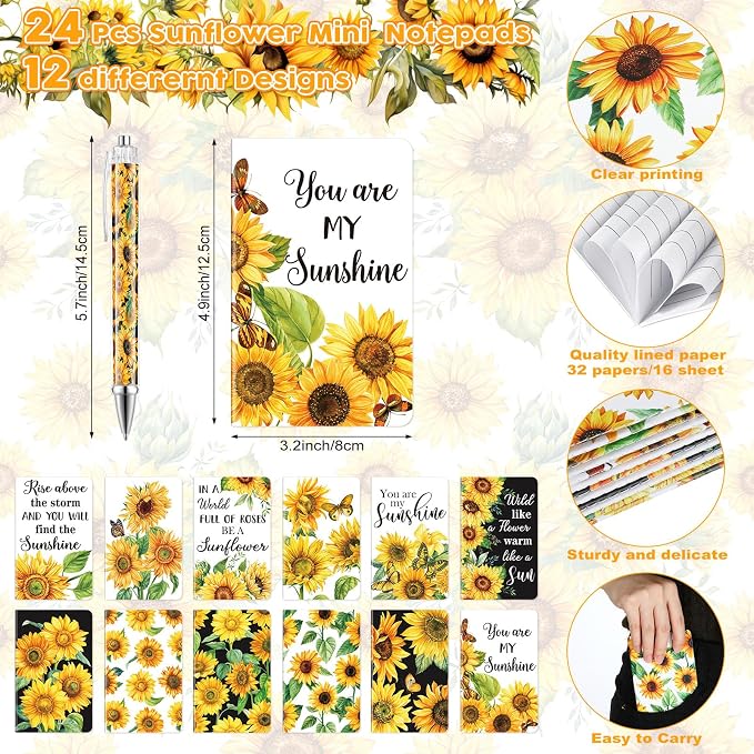Pasimy 48 Pcs Sunflower Notebooks and Pen Set, Sunflower Mini Notepad Sunflower Party Ballpoint Pen Vintage Gift Favor for Office Home Summer Birthday Party Gift Supplies Decor