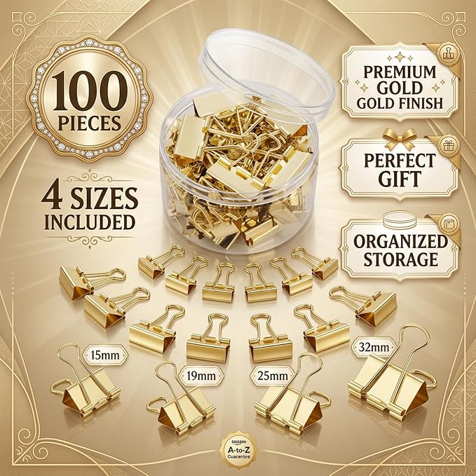 100 Pcs Rose Gold Binder Clips, Assorted Sizes Mini Small Medium, Metal Paper Clamps for Office School Supplies