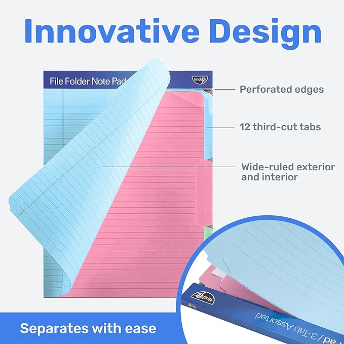 Find It File Folder Notepad - Pack of 12-9.5 x 12.5 Inch Notebook Organizer Folders for Filing, Document, and Clipboard Organization - Assorted Colors | Wide-ruled clipboard-style pages, tear-out perforated sheets, great for office, home, and school fi...